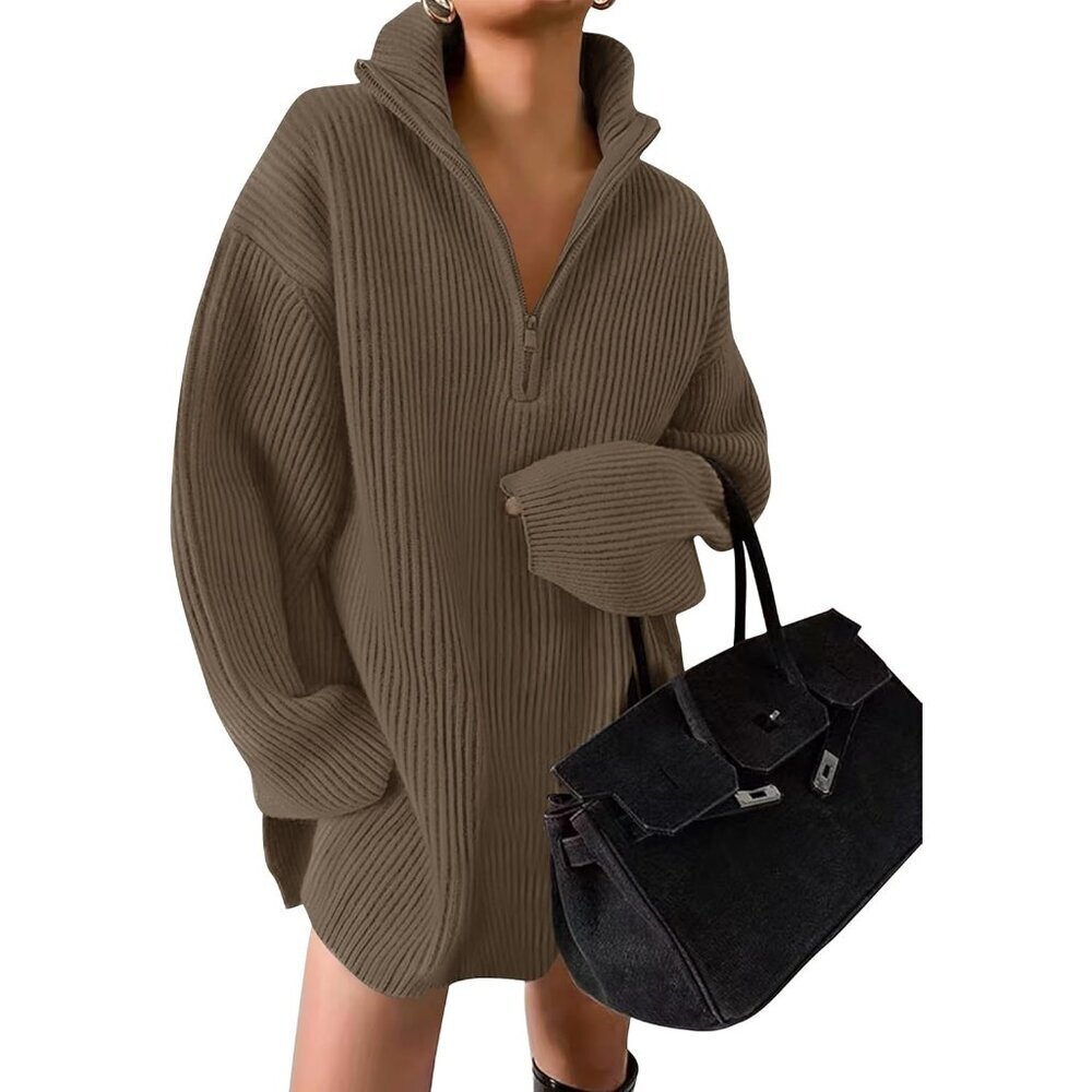 Womens Knit Sweater Dress Fall Long Sleeve Mini Casual Quarter Zip Oversized